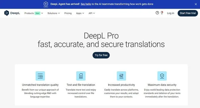 DeepL Pro — Official Website (2025) DeepL Pro official website showing features for fast, accurate, secure translations