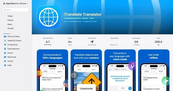 iTranslate Premium — App Store (2025) iTranslate App Store page on iPhone displaying text, voice, and camera translation features