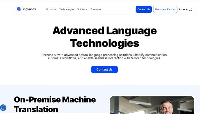 Lingvanex — Official Website (2025) Lingvanex official website with a banner reading Advanced Language Technologies