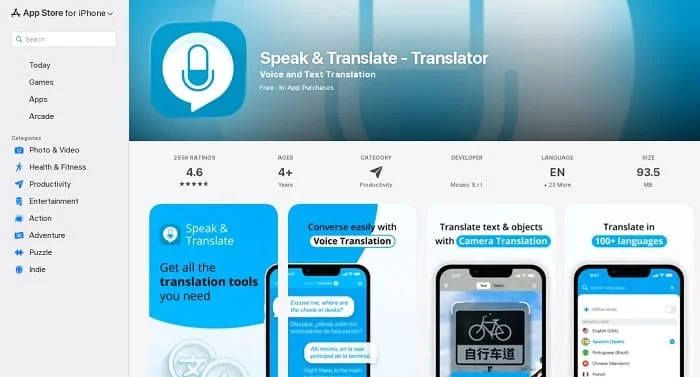 Speak & Translate Premium — App Store (2025) Speak & Translate App Store page highlighting voice and camera translation on iOS