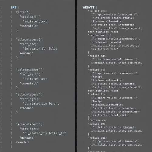 Side-by-side SRT and WebVTT examples highlighting indexes, headers, timestamps, and cue settings