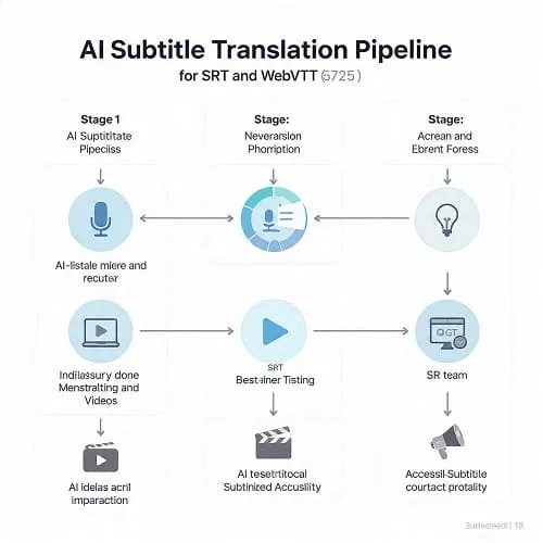 Diagram of format-safe AI subtitle translation flow for SRT/WebVTT: extract text per cue, translate, reattach to original timecodes, validate CPS/CPL