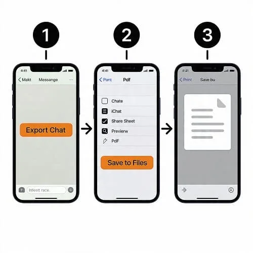 Screens showing Export Chat, Save to Files, and Print to PDF on iPhone