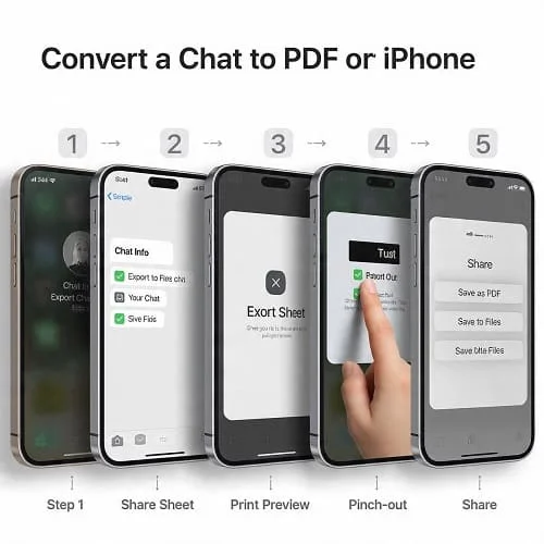 Diagram: iPhone exporting a WhatsApp chat to Files and printing to PDF