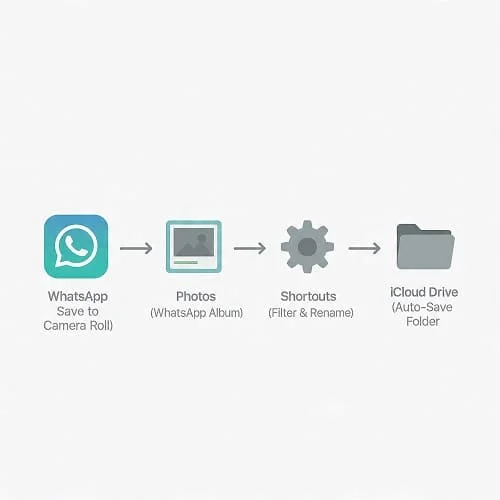Workflow diagram showing WhatsApp photos saved to Photos, then Shortcuts, then iCloud Drive
